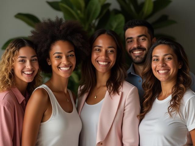 Group of diverse people wearing United Sphere Group clothing smiling confidently
